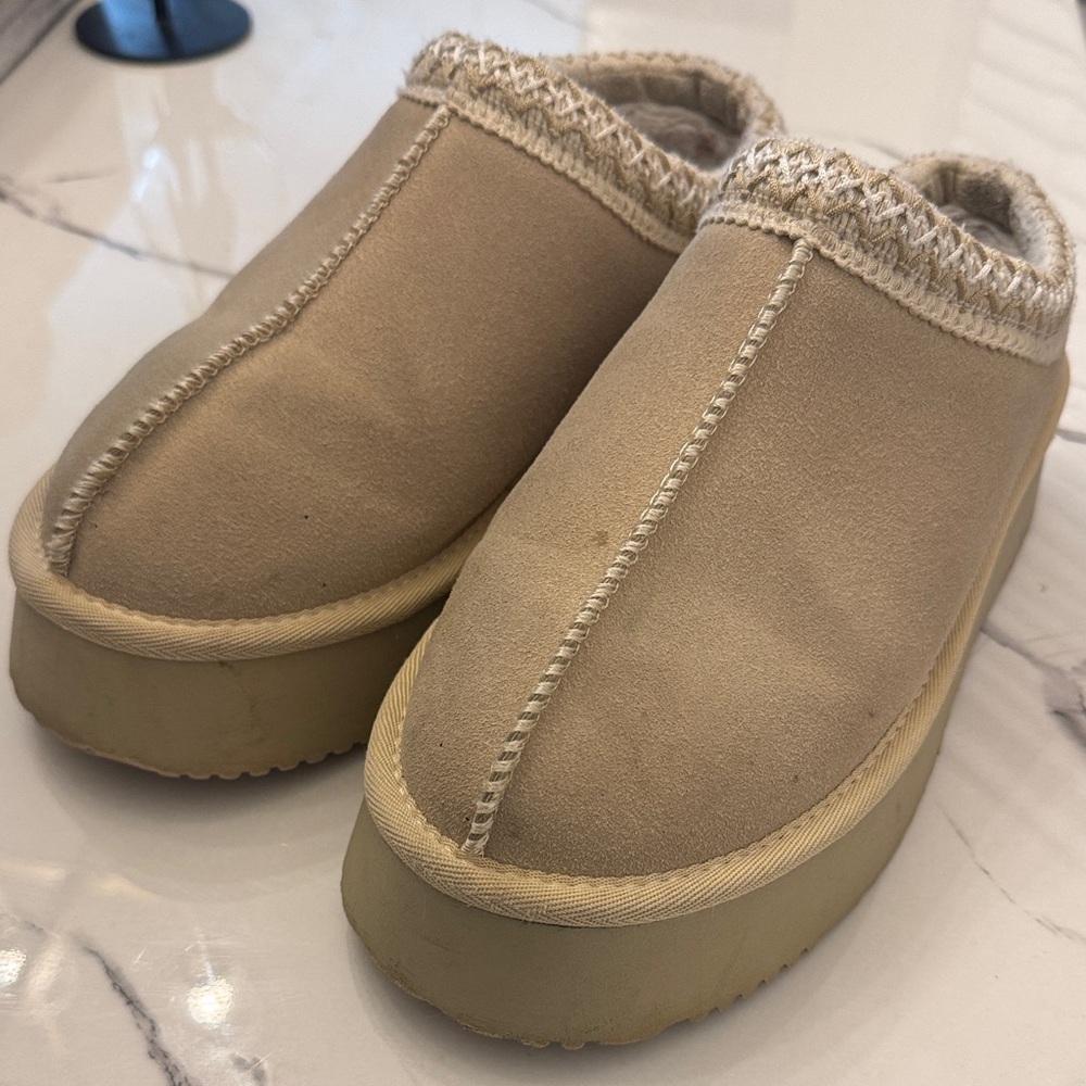 Beige Slip-On Platform Slippers